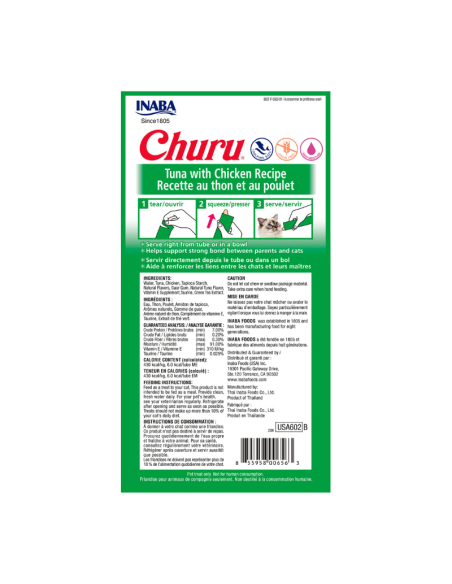 CHURU GATO SABOR ATÚN Y POLLO 4 TUBOS